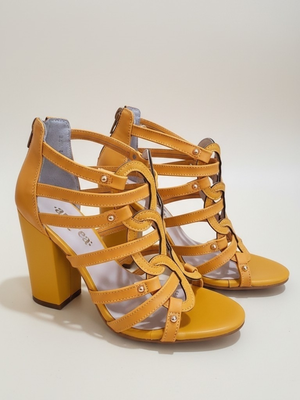 Andrea Mustard Yellow Cage Block Heel Sandals Size 23.5 / US 6.5 Like New